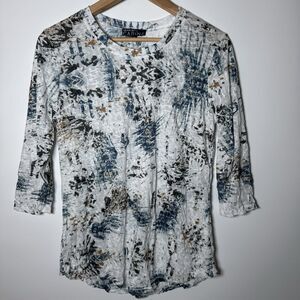 Newport by Carine Women's Small Sheer Crinkle Top Boho Artsy White Print
